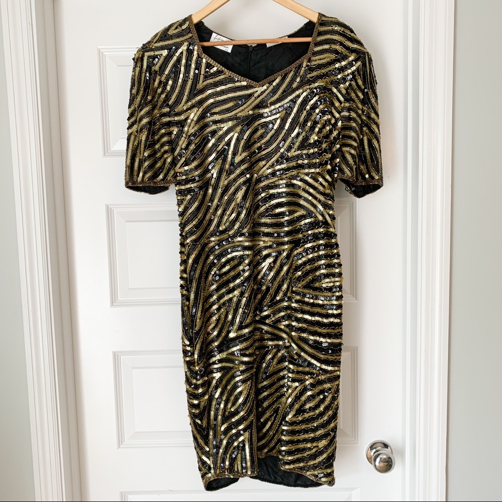 Vintage Silk Black Gold Beaded Sequin Formal Party Midi  Dress 12